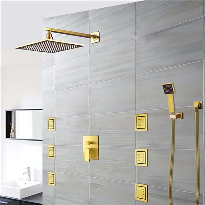 BathSelect Ancona Wall Mount Gold Finish Shower Head with Body Massage Jets